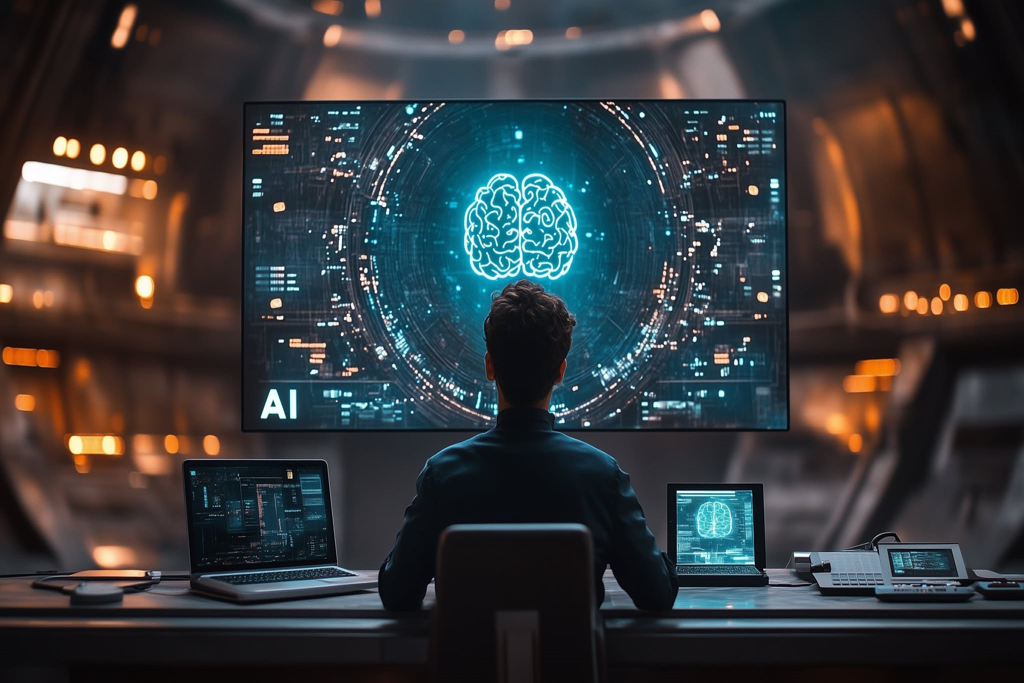 A business man is presenting an AI model on the big screen