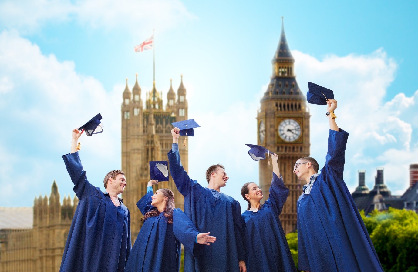 Graduates celebrating in front of Big Ben