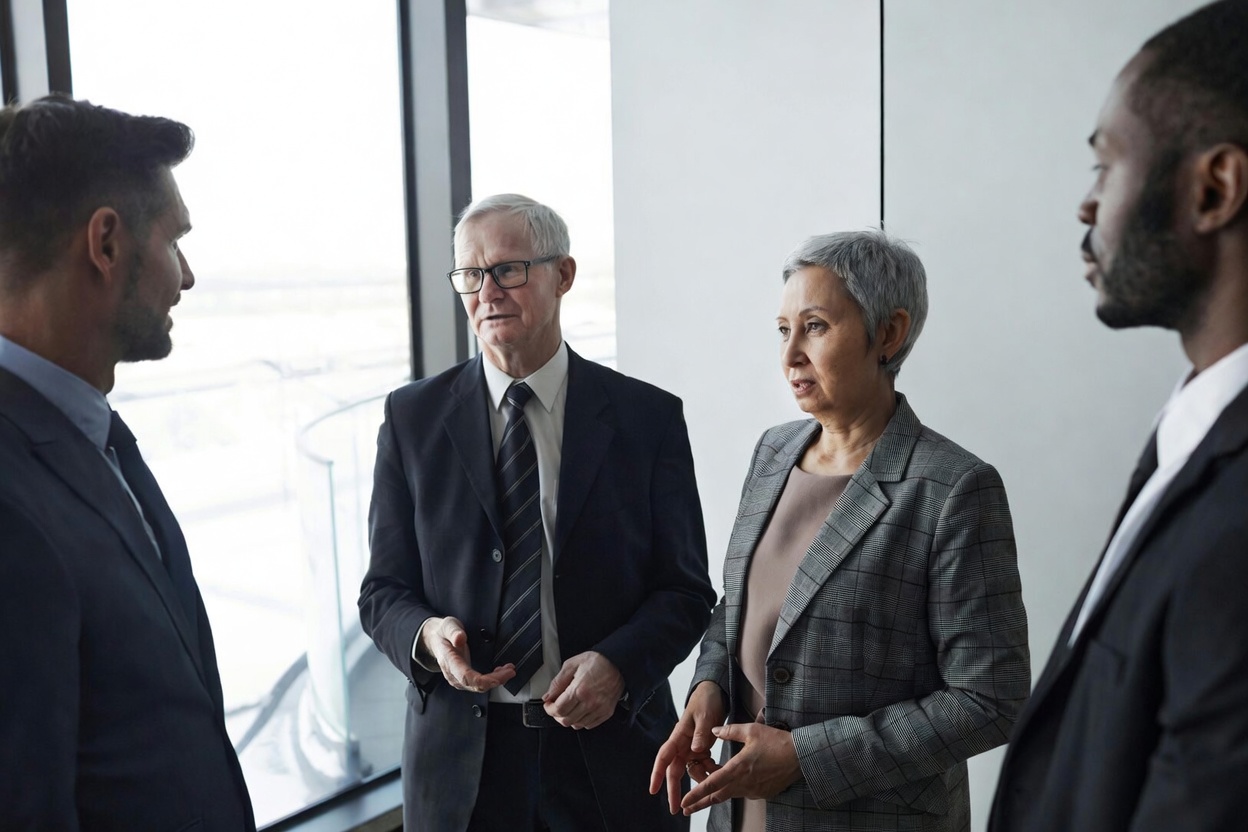 Four business people discussing immigration matters