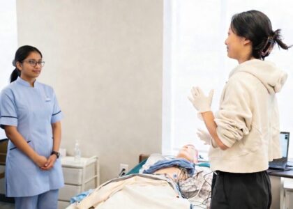 Two nurses in a room with a model patient on bed