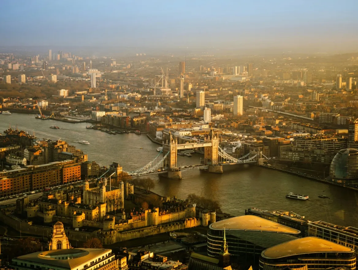 A view of Tower Bridge and London from above